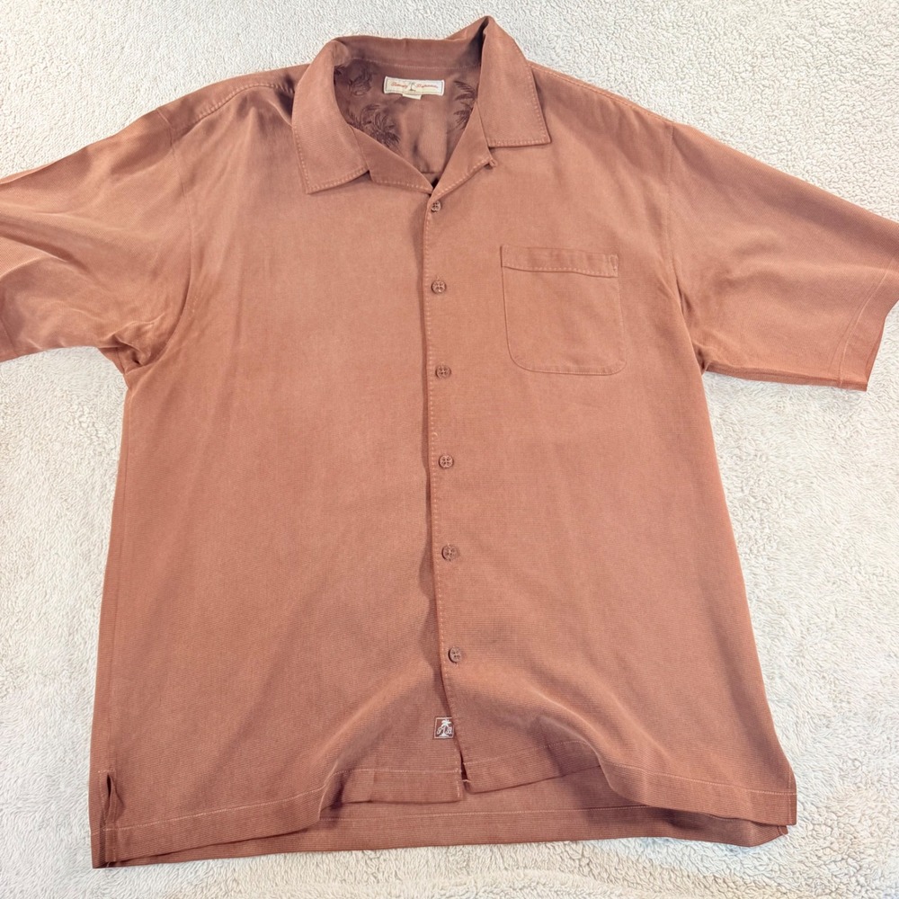 Tommy Bahama Silk Camp 100% Silk Shirt Short Sleeve Button Up Mens XL Terracotta